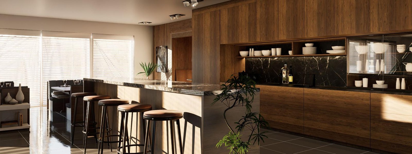 Warm timber kitchen with sunlight across a polished floor